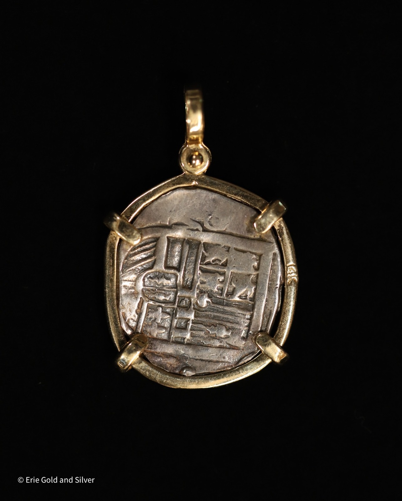 14k Yellow Gold Bezel Pendant W/Mexico 2 Real ca.1600s Silver Coin