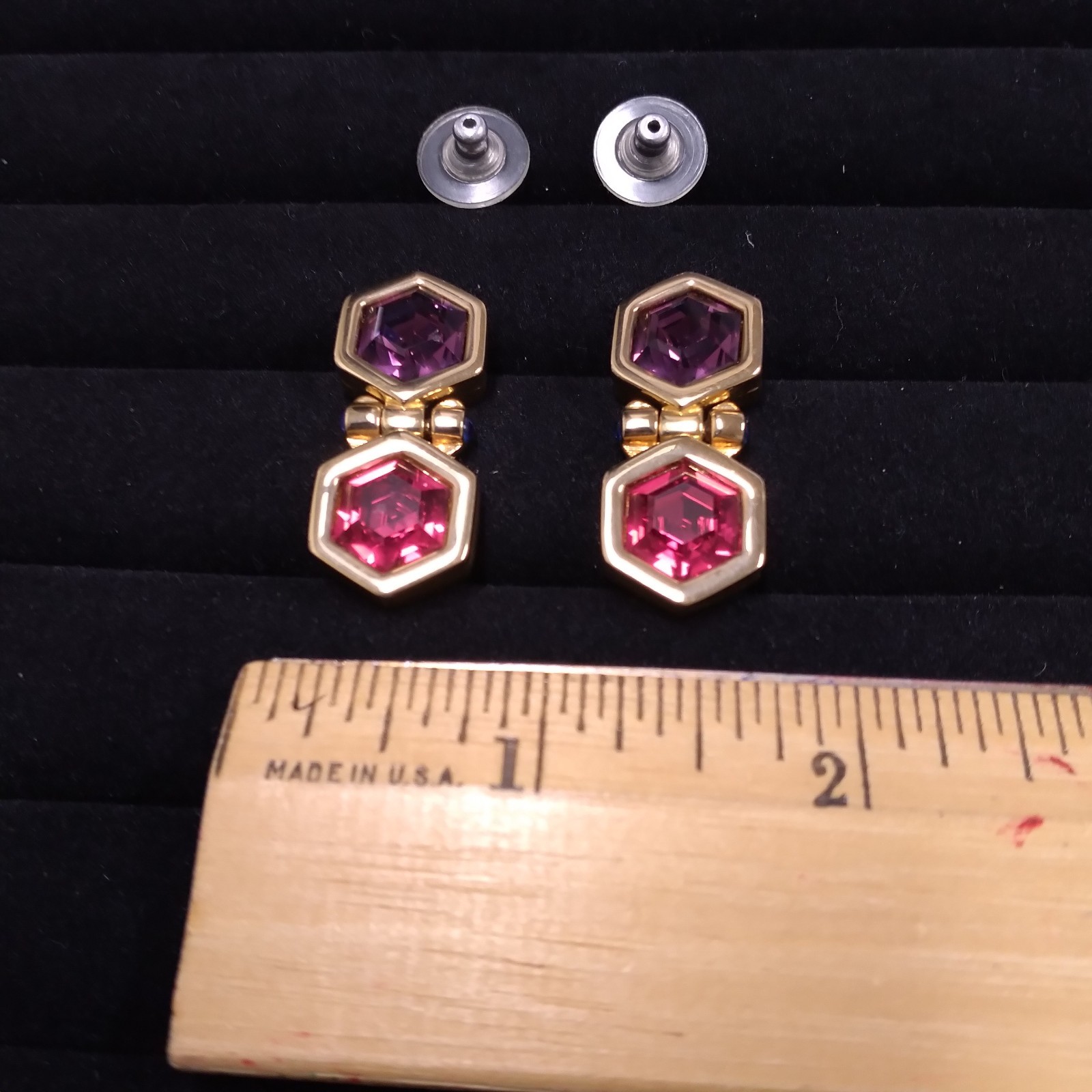 Swarovski Swan Purple Red Hexagon Shape Gold Tone Doorknocker Earrings Pierced