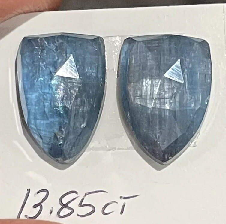13.85ct 14x10x4.7mm Pair Aqua Blue Kyanite Shield Cut Faceted Cabochons Gems