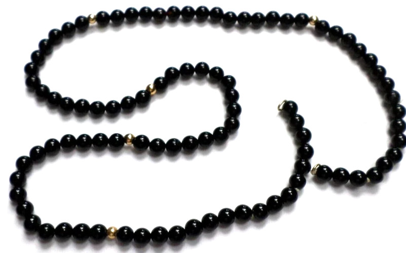 Vintage 16″ – 4.3mm Black Onyx w/6 -14K Gold Beads &Loops to Be Necklace Strand