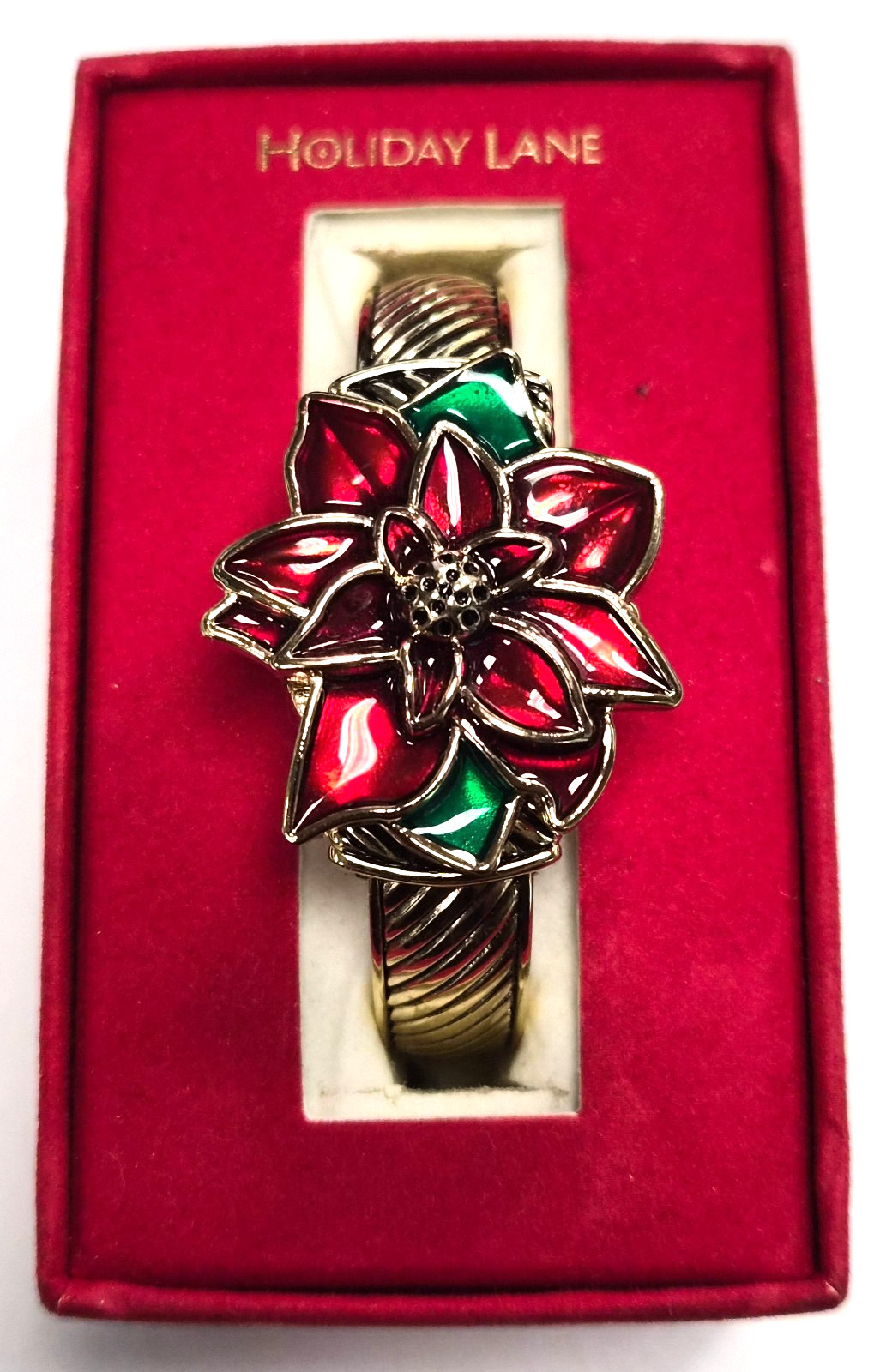 NOS Estate Macy’s Holiday Lane Christmas Poinsettia Hidden Flip Top Cuff Watch