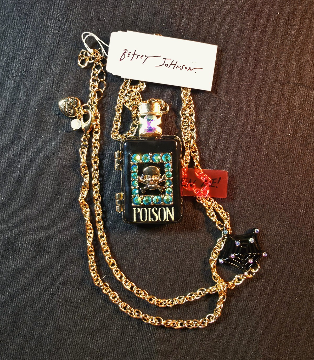 Betsey Johnson poison bottle skull rhinestone spiderweb charm necklace