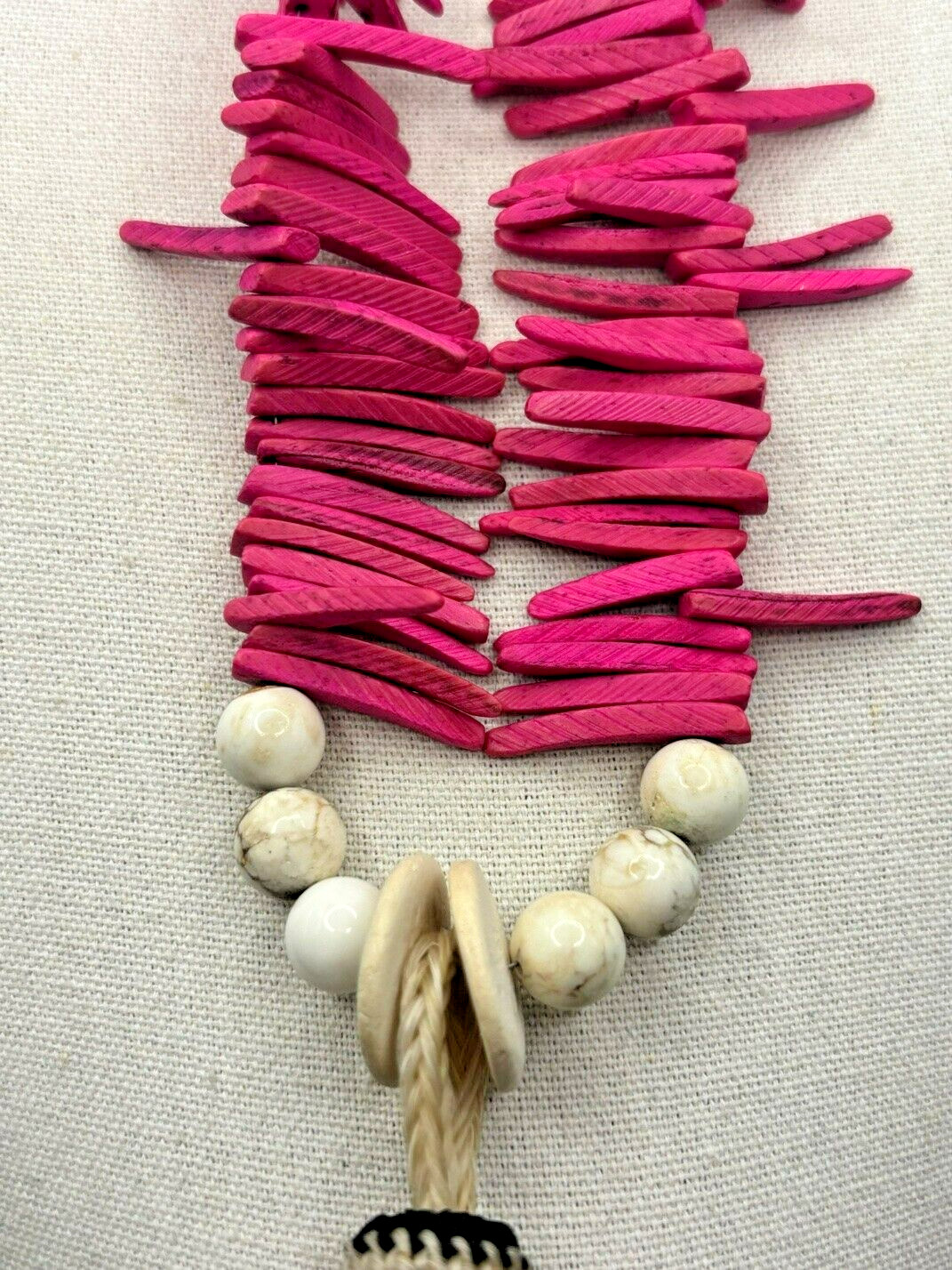 Pink Cocowood Chip Howlite Large Kenya Bone Beaded Horsehair Pendant Necklace