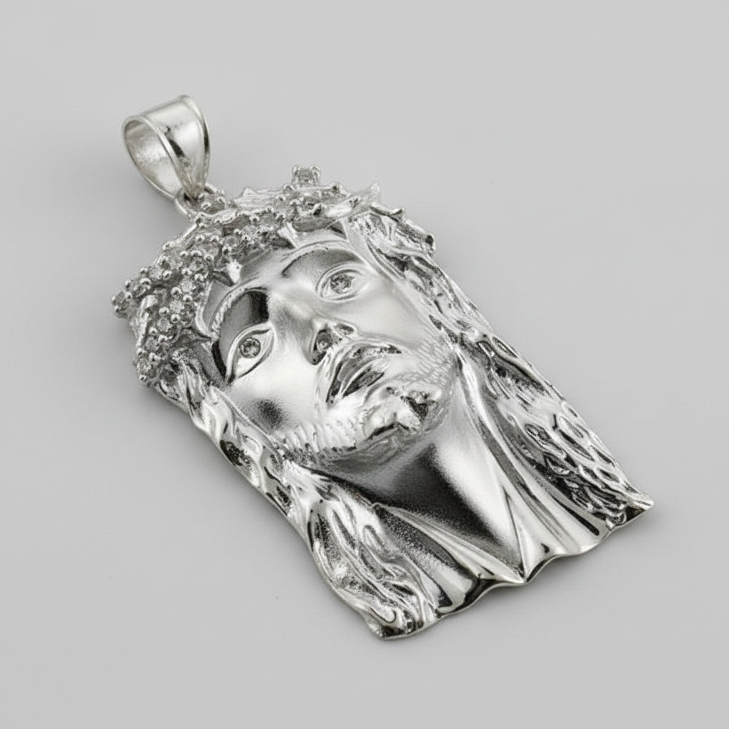 Sterling Silver Jesus Face CZ Pendant for Men – Large Iced Religious Piece