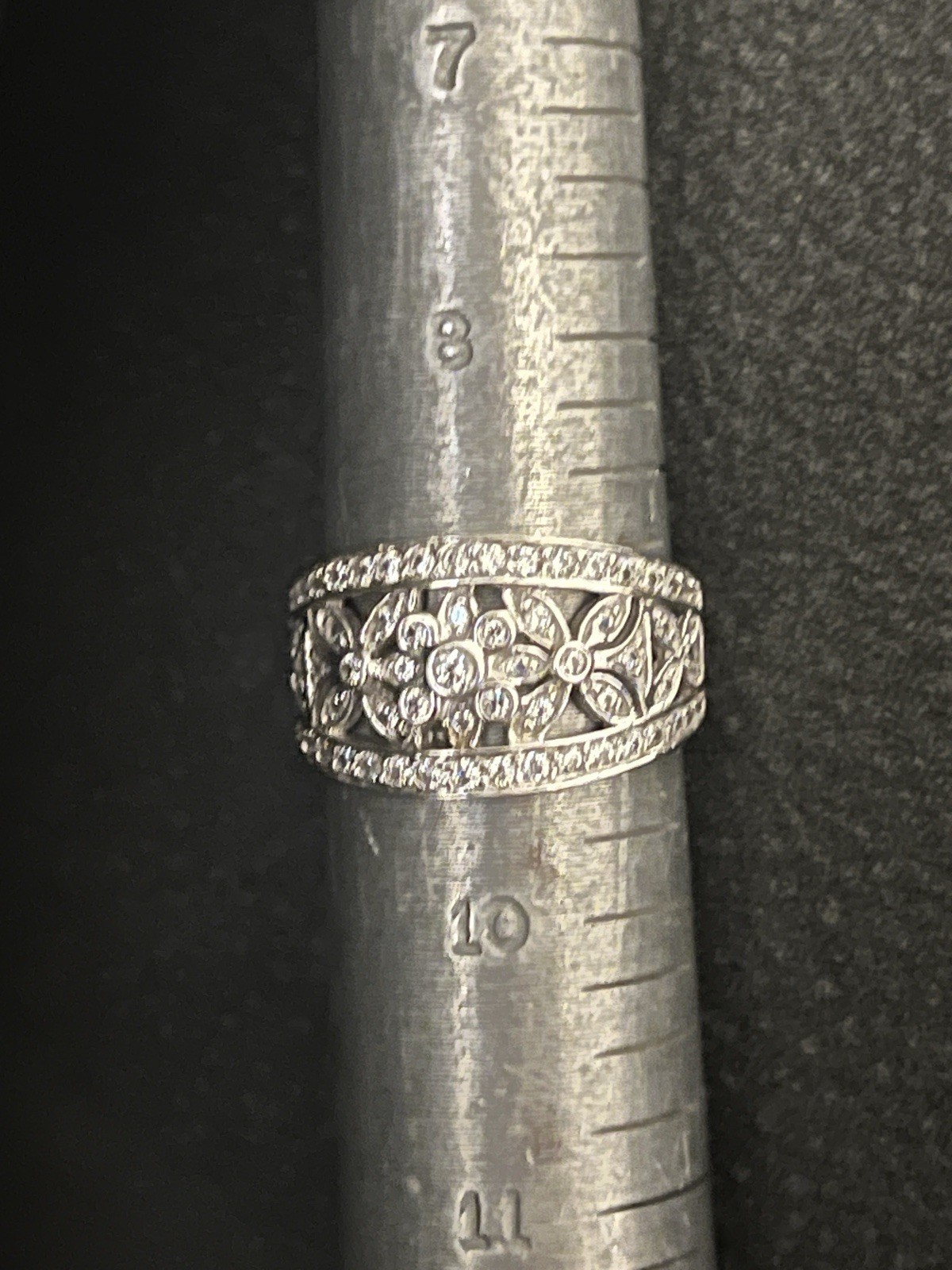 Vintage QVC Diamonique Solid White Gold Open Art Nouveau Floral CZ Ring Size 9
