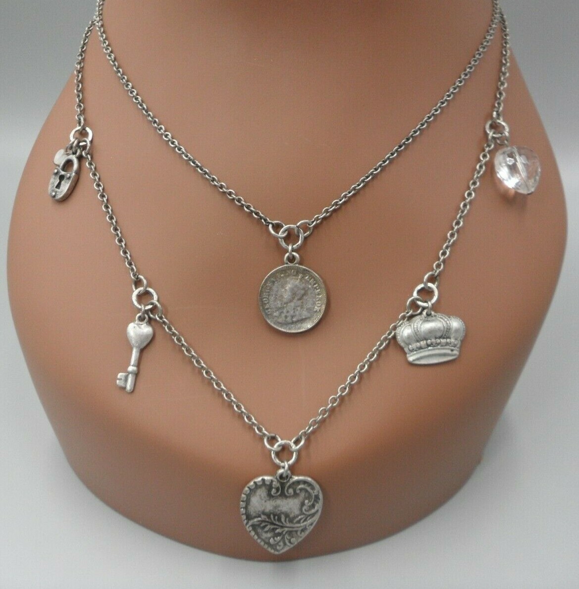 AE Signed Charm Necklace American Eagle Layered Coin Heart Crown Lock Key EUC