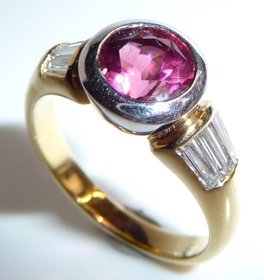 Ring 750 yellow gold 1.28ct pink tourmaline 0.60ct diamonds size 55/17.5 mm rubellite