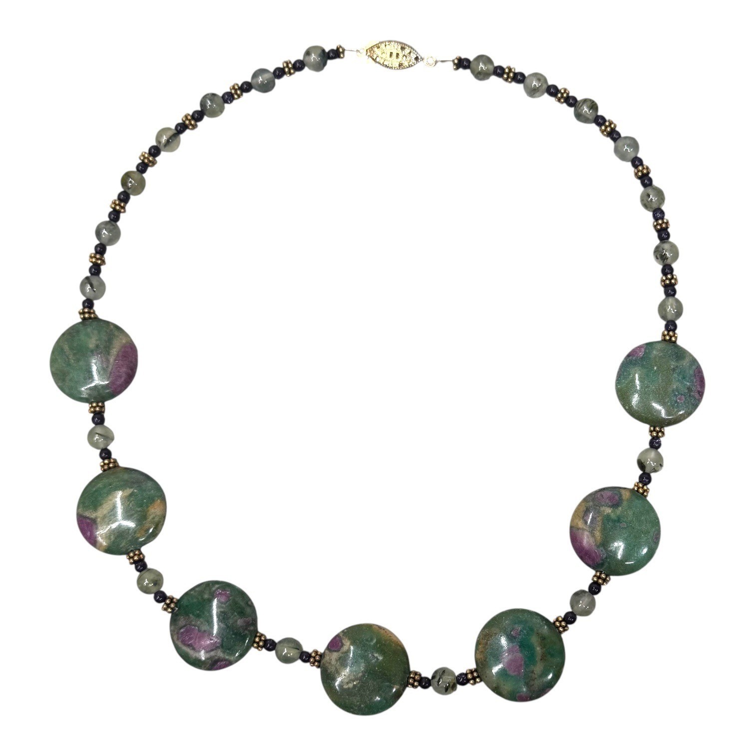 Vintage Ruby Zoisite Beaded Necklace Jade Accent Beads Gold Plated Clasp 18″
