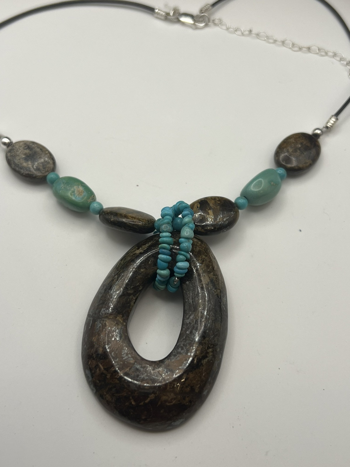 Sterling 925 FAS SOUTHWESTERN BRONZITE & TURQUOISE STONE Cord NECKLACE 16-19”