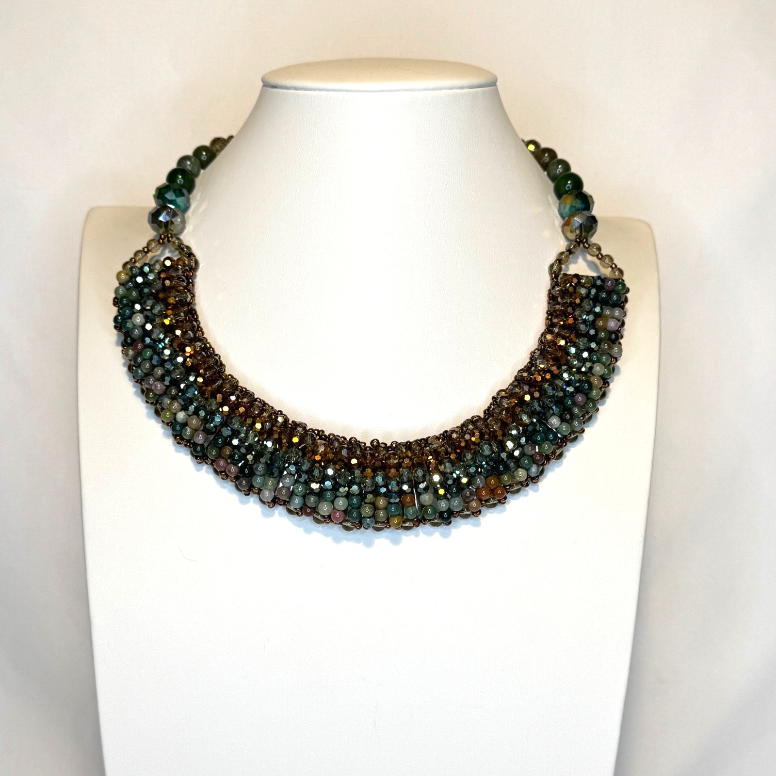 Nakamol Chicago Beaded Statement Bib Necklace Earth Tones Green Bronze