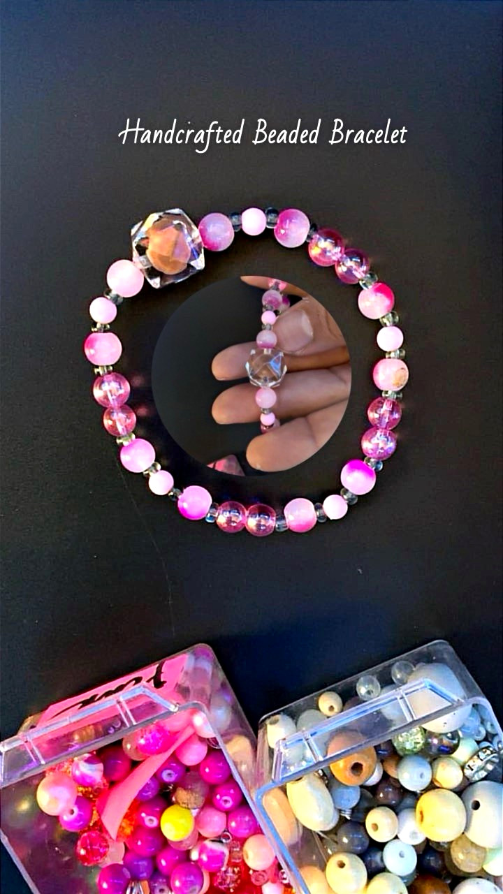 Handmade Women’s Pink Glass Beaded Bracelet, Round Beads, No Clasp
