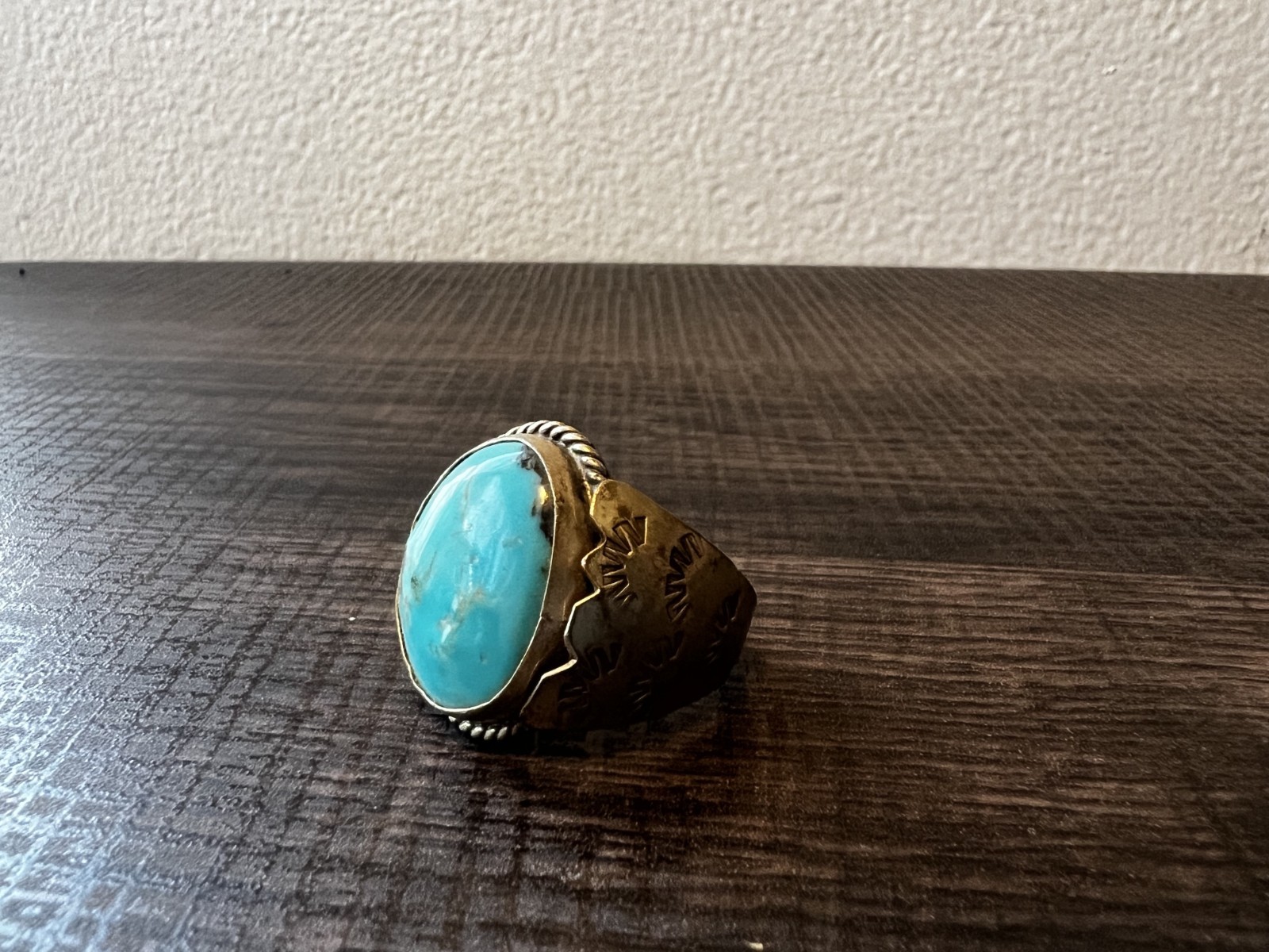 Silver Tone Signet Cocktail Ring Blue Oval Turquoise Bezel Set Size 11