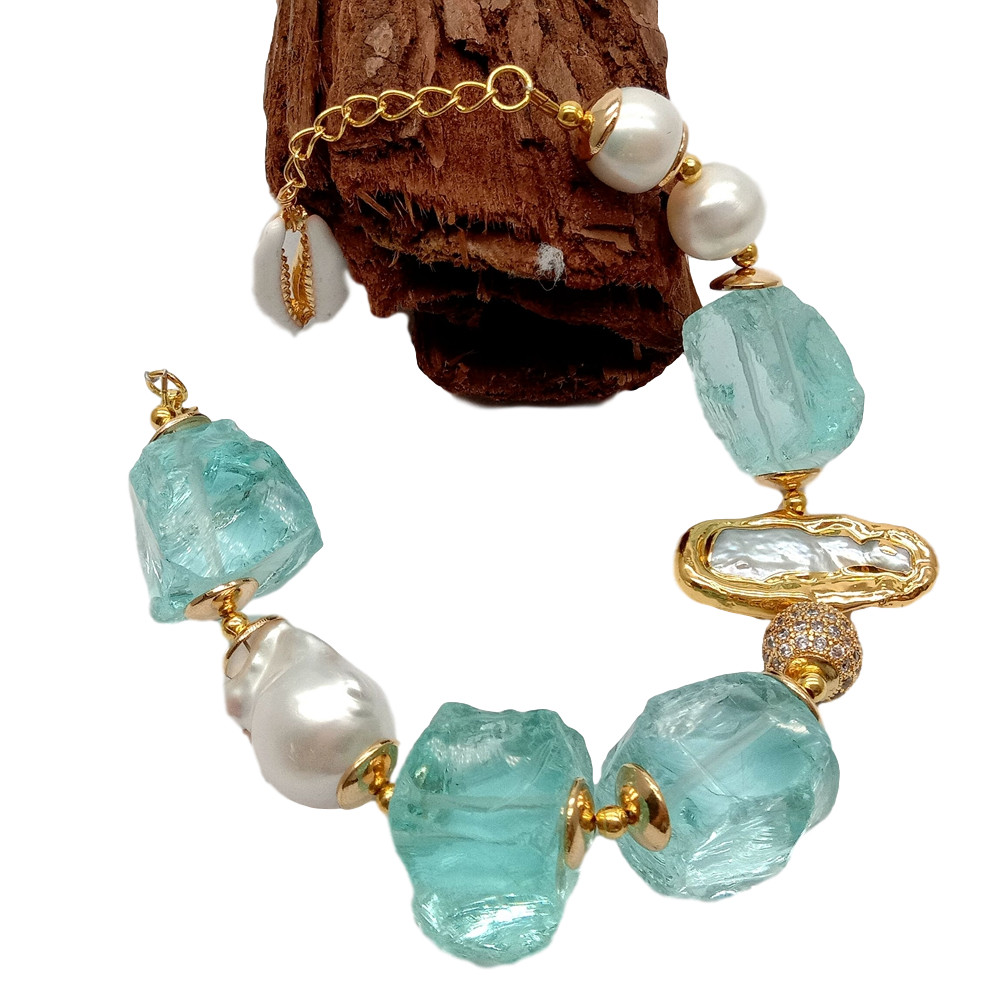 Cultured White Keshi Pearl Biwa Pearl Blue Glass Rough Bracelet 8″