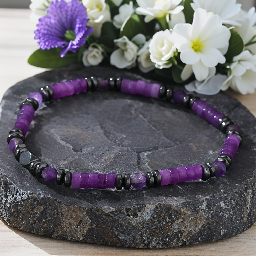 Natural Amethyst Hematite Beaded Crystal Protection Energy Stretch Bracelet