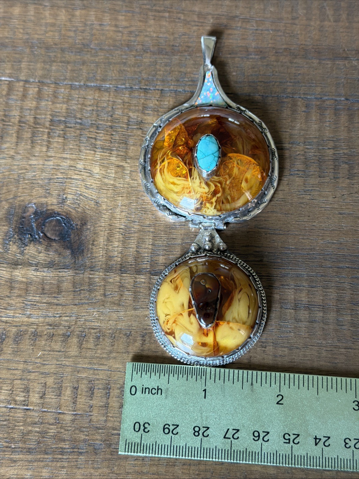 Vintage Native American Sterling Amber & Turquoise Pendant Beautiful Unique RARE