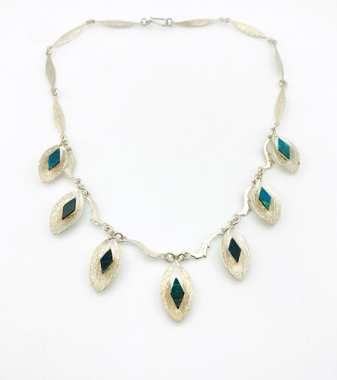 Modernist Sterling Silver Malachite Necklace Artisan Studio Jewelry 17 In