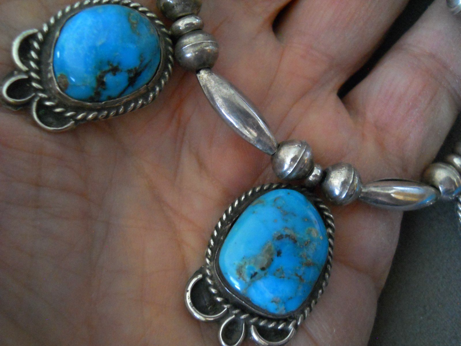 Native American Navajo Domed Rich Blue Turquoise Sterling Silver Bead Necklace