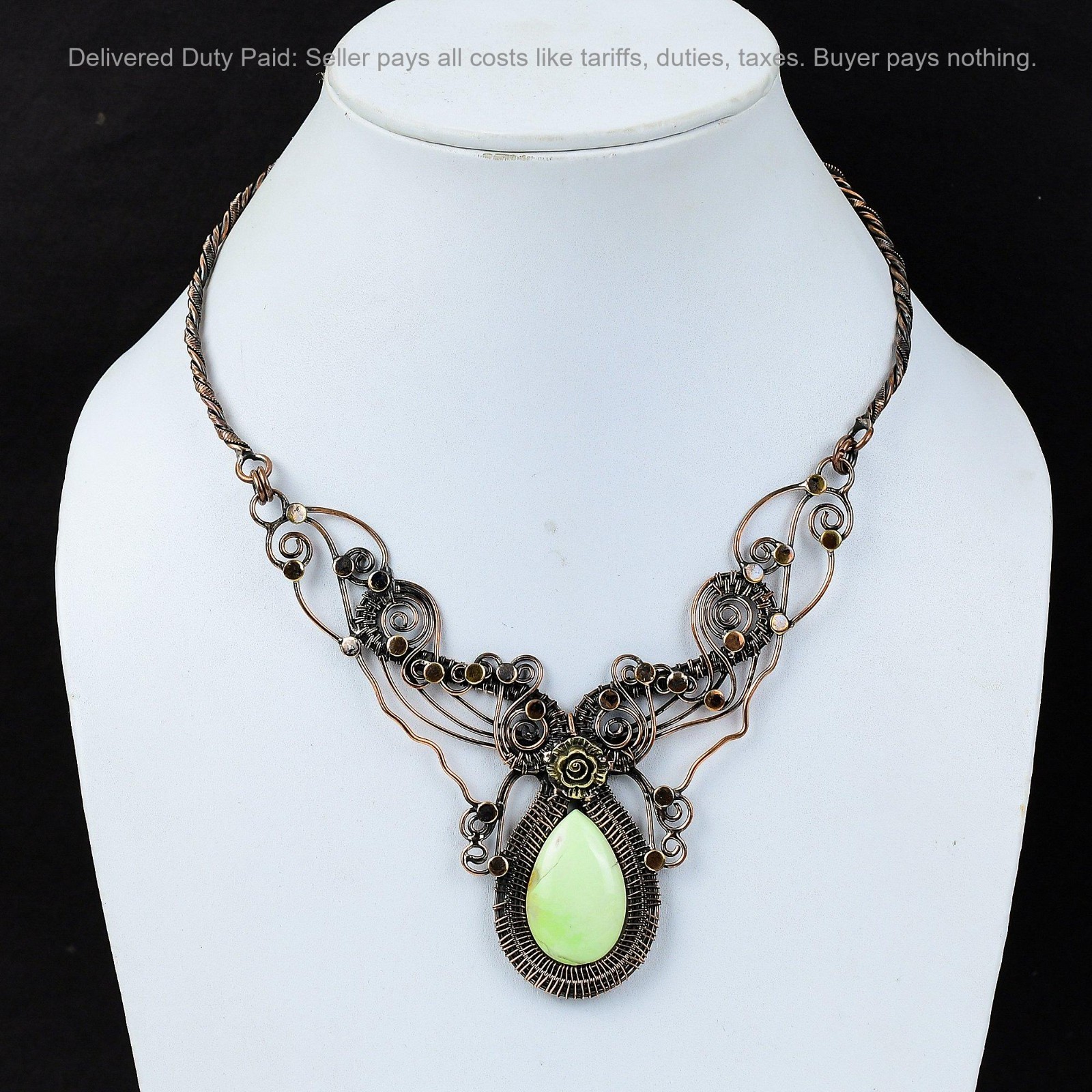 Copper Lemon Chrysoprase Gemstone Chain Wire Wrapped Flower New Necklace Jewelry