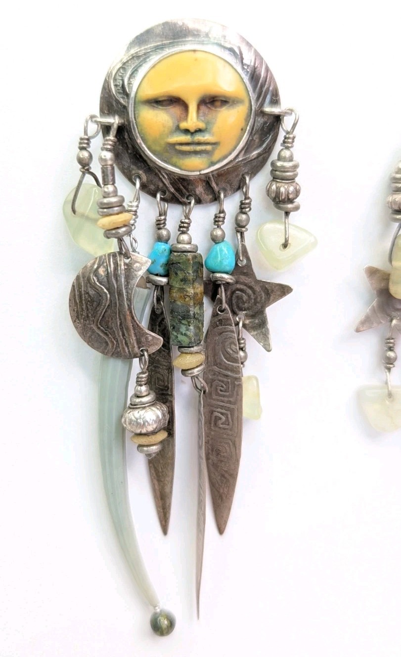 Vintage Tabra Moon Face Dangle Earrings Celestial Charms Sterling Silver 3.75 In