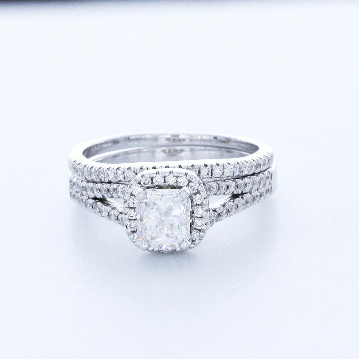 1.8CT Lab-Created Diamond E/VVS1 Cushion 18K White Gold Halo Side-Stone Ring Set