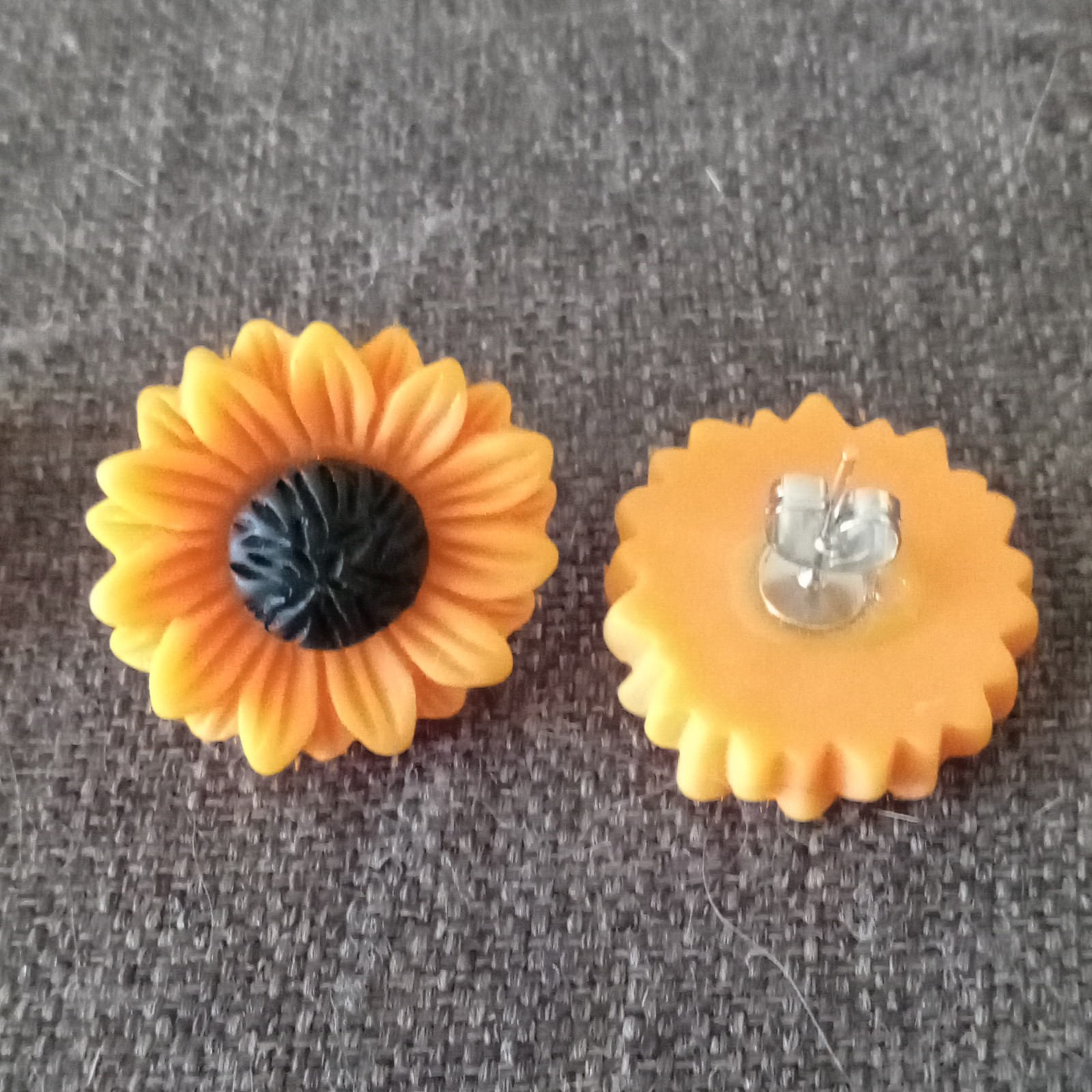 Yellow Black Sunflower Flower Stud Earrings Pair, Resin, Butterfly Back, Lobe