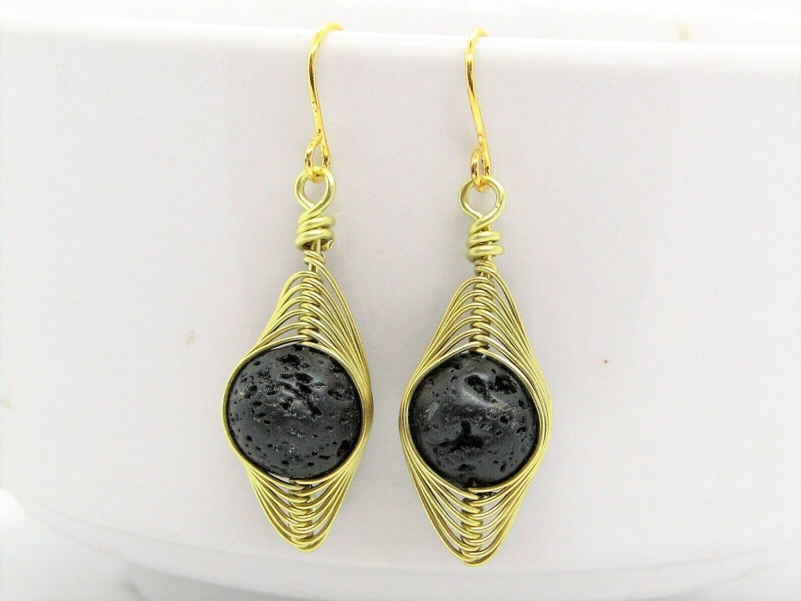 Healing Lava Stone Gold Wire Wrapped Earrings, Black Gemstone Dangle Earrings