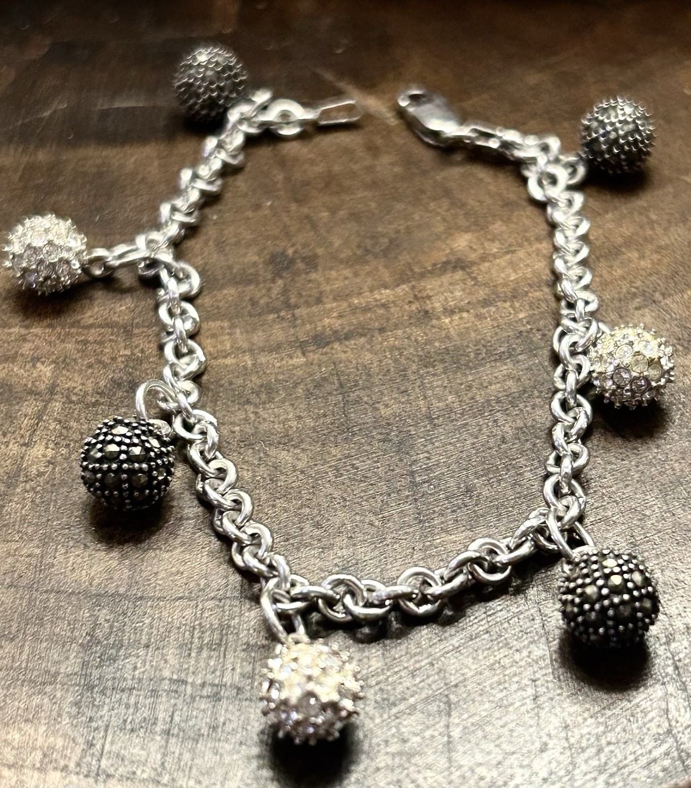 Vintage 925 Sterling Silver Multi Charm Ball Bead Rolo Link Bracelet 7″ 22.4g