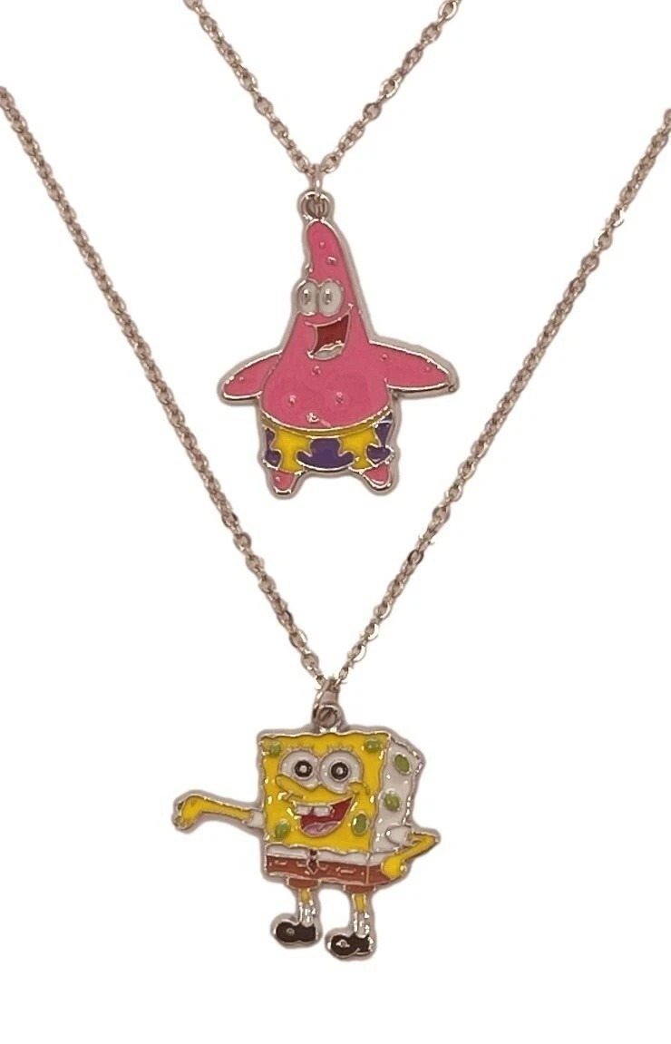 Spongebob And Patrick Metal Charm Pendant Necklace Set of 2