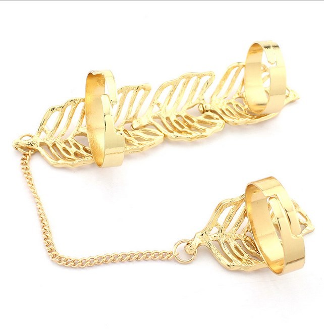 Gold Rhinestone Leaf Slave Chain Link Flexible Rings Joint Fingers Gift Party AK