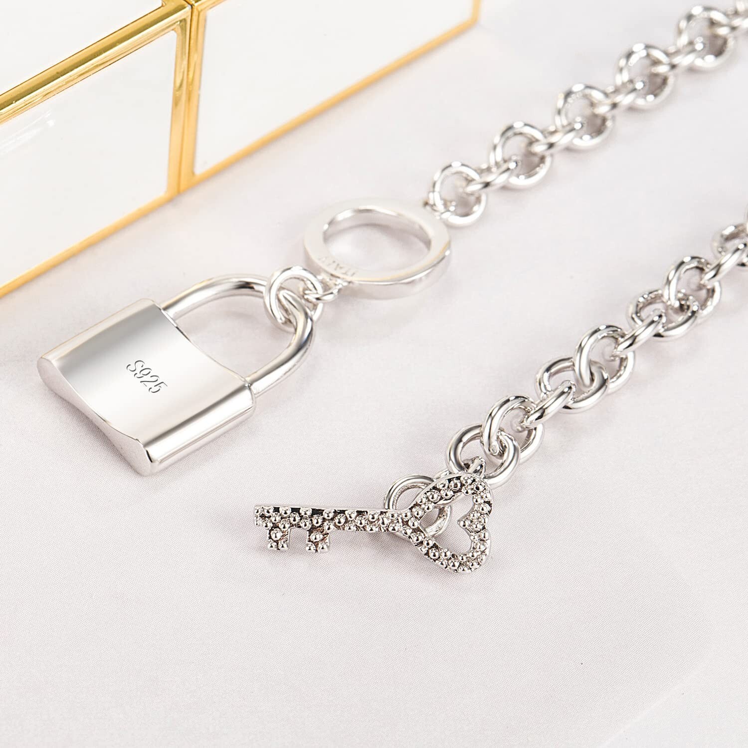 Women 925 Sterling Silver Key Lock Pendant Necklace Fashion Solid Silver Rolo…
