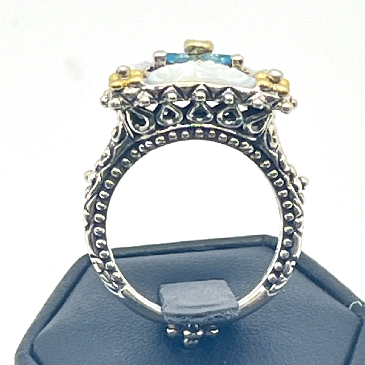 Barbara Bixby Size 8 Carved MOP & Blue Topaz Lotus Square Sterling 925 & 18k
