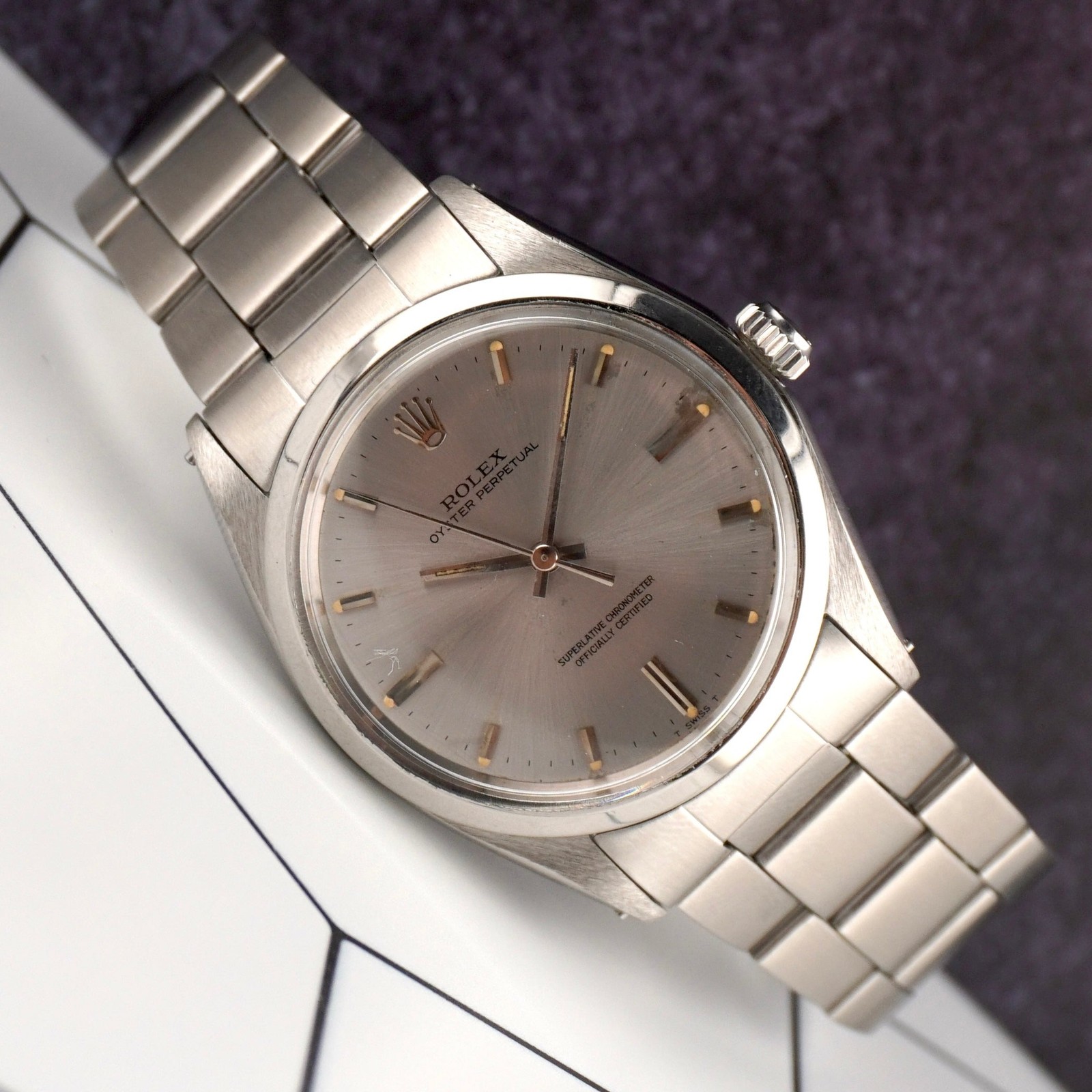 Rolex 36mm Datejust Mens Steel Engine-Turned Oyster Grey Dial Watch 1603