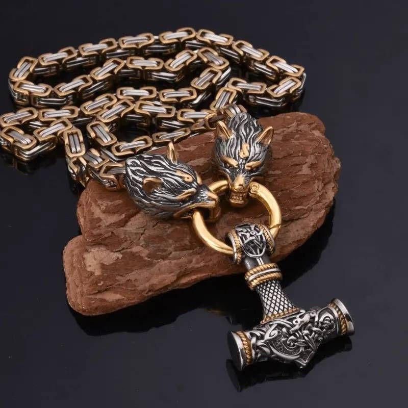 Byzantine Chain Necklace with Viking Hammer Wolf Head Pendant, Gold Silver Black