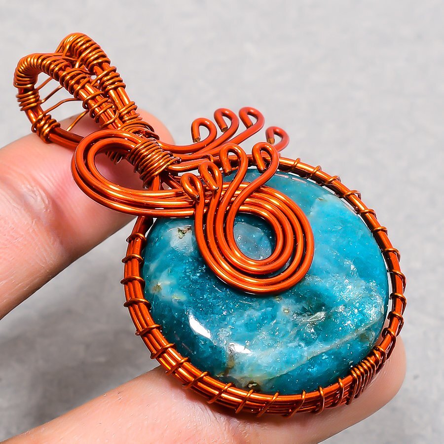 Neon Apatite Gemstone Copper Pendant Handcrafted Wire Wrap Gift Jewelry 2.3″ L65