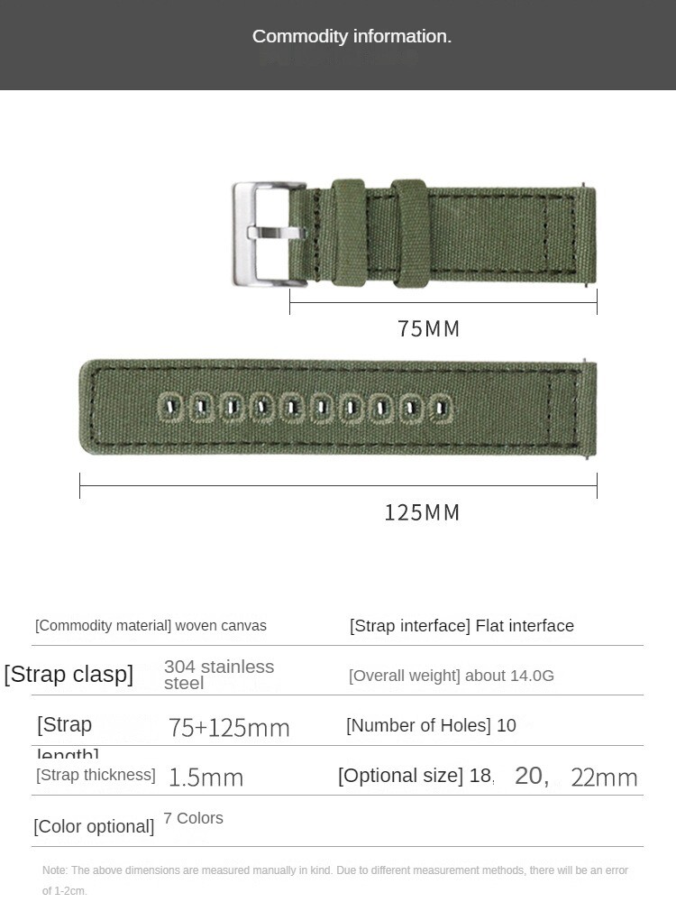 High Quality Woven Canvas Field Sport Quick Release Watch Band Strap18 20 22mm