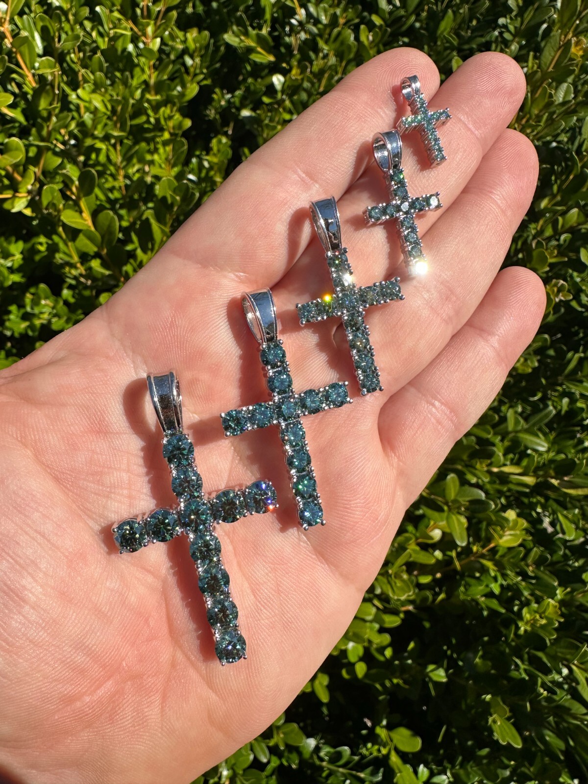 Green Blue MOISSANITE Real 925 Silver Tennis Cross Iced Pendant Necklace Hip Hop