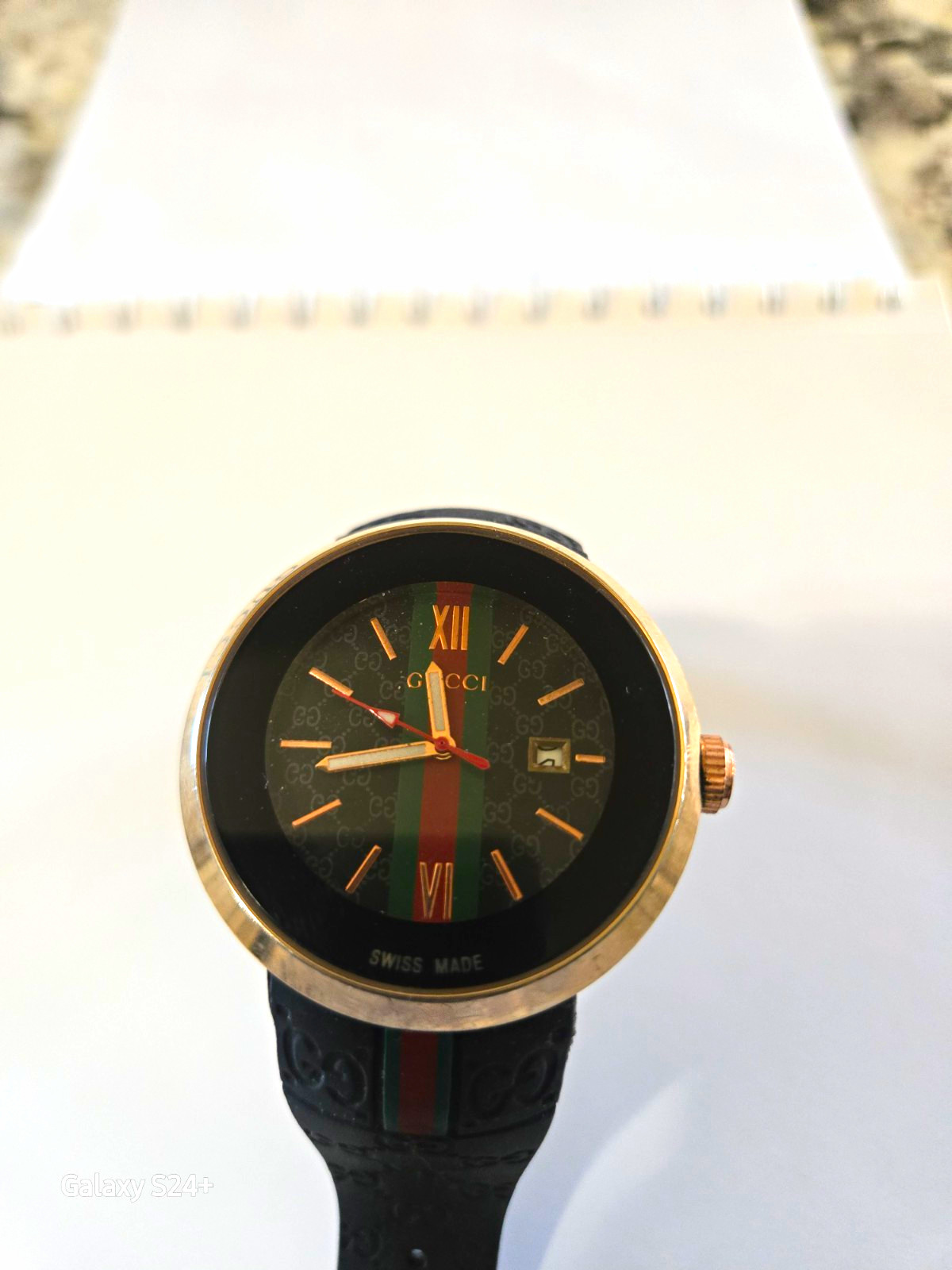 Gucci Swiss Made Quartz 40mm Analog Watch Black GG Dial Date Stripe Strap