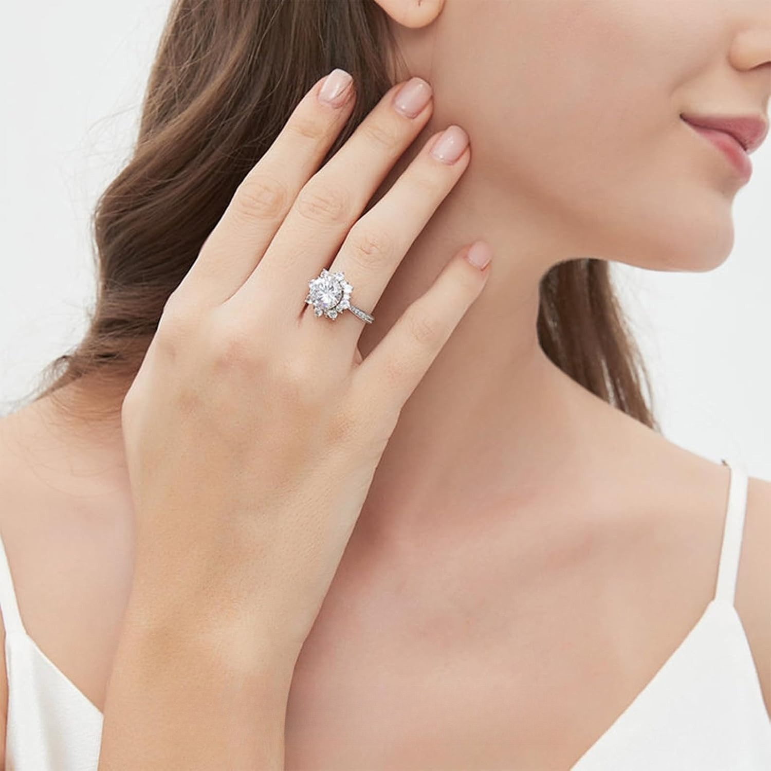 0.5-3CT Flower Halo D VVS1 Moissanite Ring 925 Silver 18K White Gold Plated