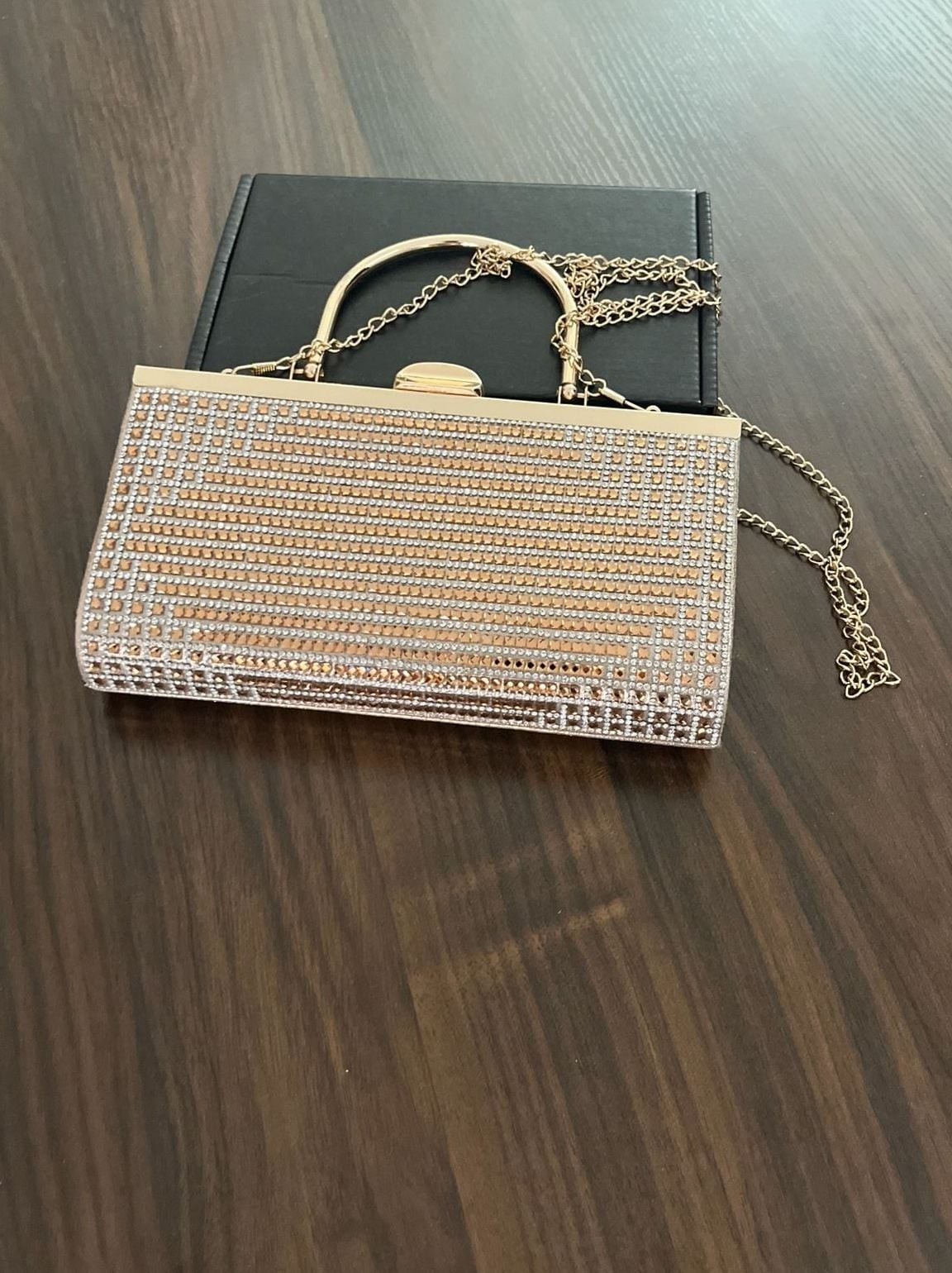 Gold Tone Rhinestone Encrusted Minaudière Clutch with Detachable Chain