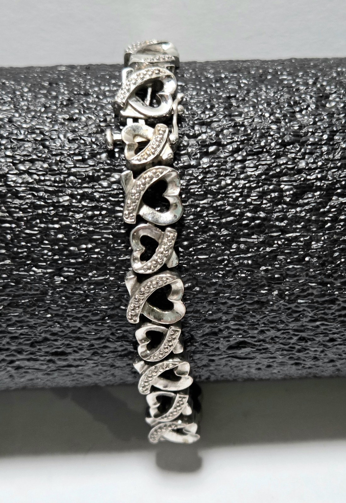 Vintage 925 Sterling Silver Diamond Accents Heart Link Tennis Bracelet 7¼”