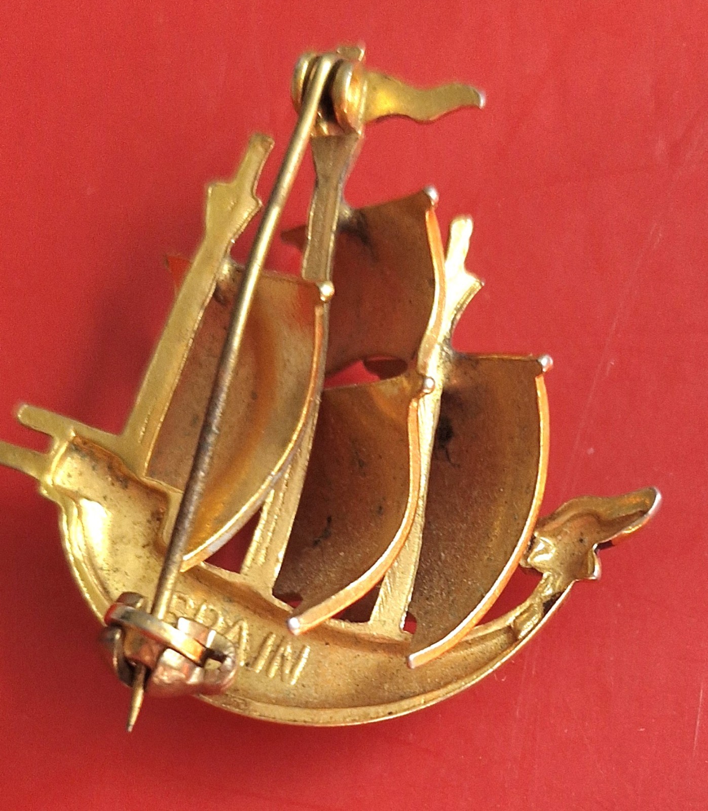 Vintage Signed Damascene Galleon Ship Brooch | Made in Spain Excellent Condition