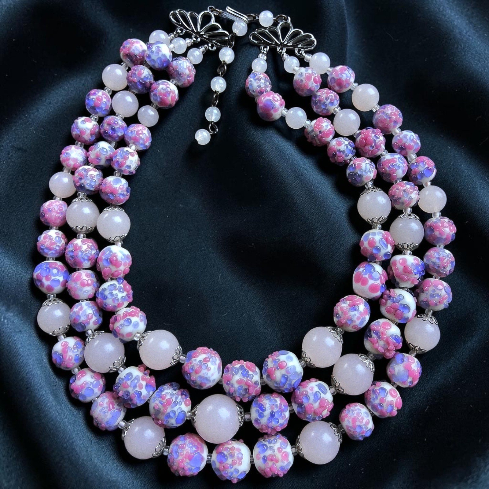 Vintage 3 Strand Lampwork Art Glass Necklace Pink Purple Confetti Beads MCM
