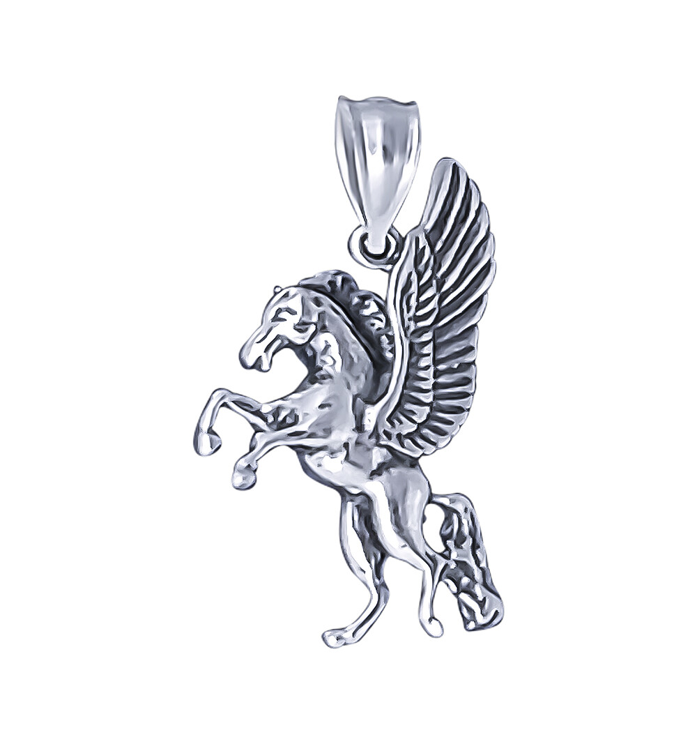 Sterling Silver Rearing Pegasus Charm Pendant Oxidized Finish – 18 inch Necklace