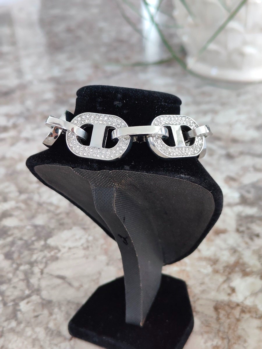 Vintage Silver Tone Chunky Link Statement Bracelet 7.5″ Pave Crystals and Charm