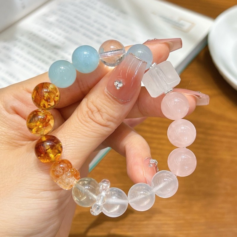 Natural Aquamarine, Rose Quartz, Beeswax, and Amber Handmade Bracelet
