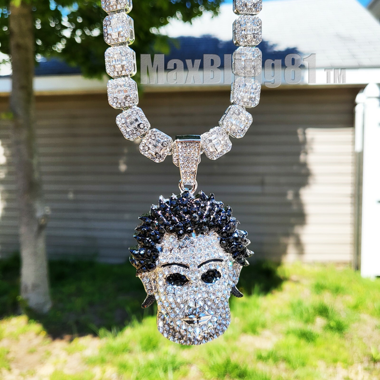Large Silver Plated Alloy Killer Mask Pendant & Cubic Zirconia Chain Necklace