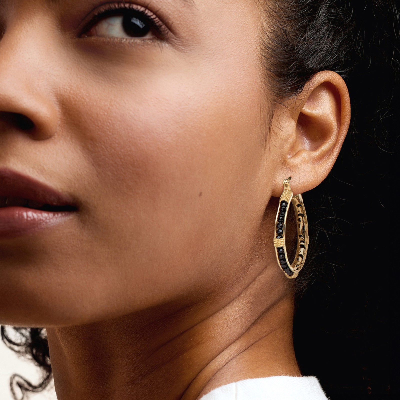 Ross-Simons Blck Spinel Hoop Earrings in 18k Gold Plate 1 3/4 inches
