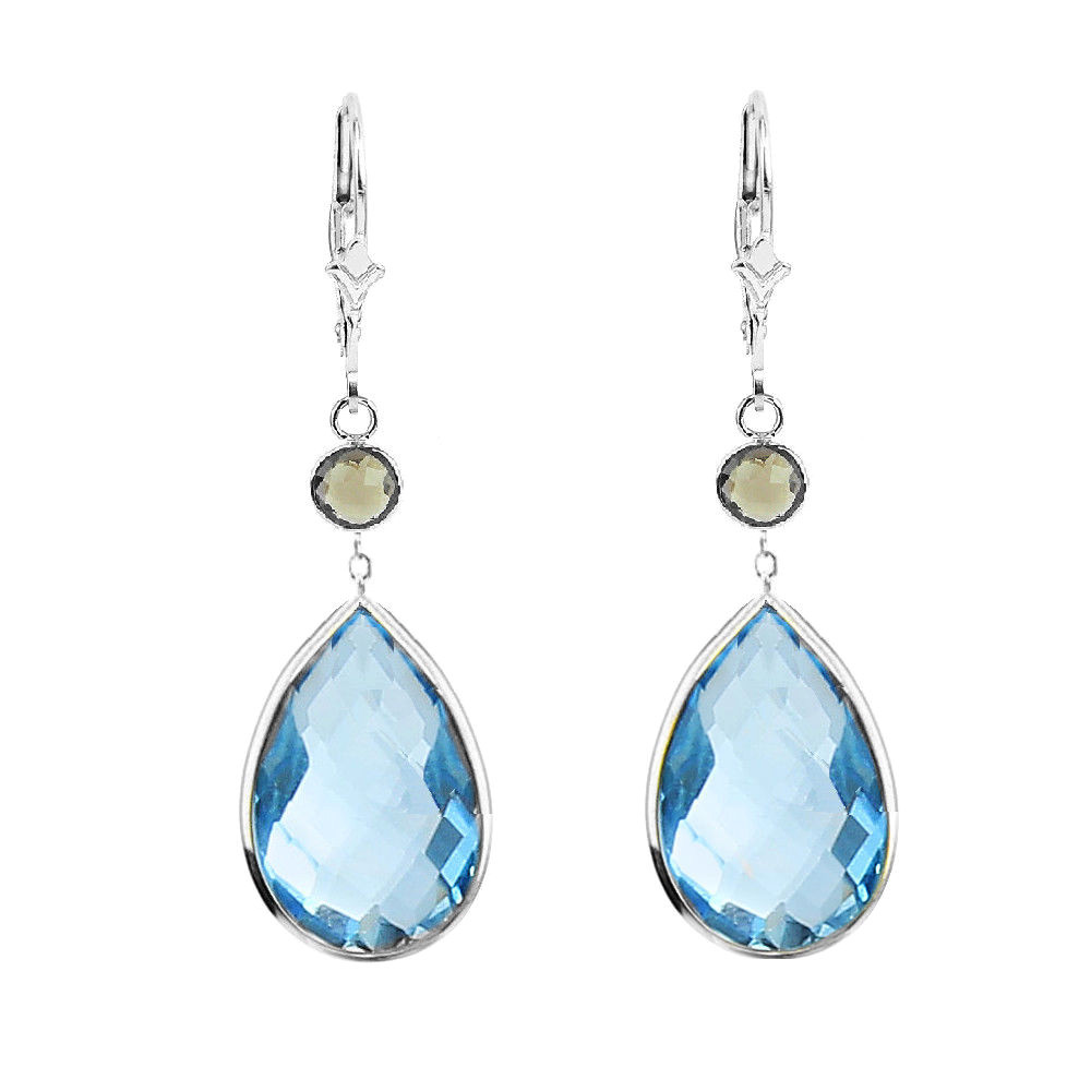 14K White Gold Earrings with Pear Shape Blue Topaz and Round Smoky Topaz