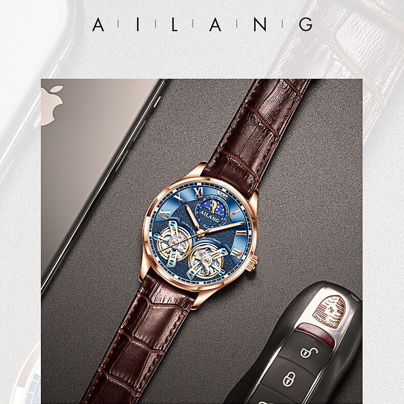 AILANG Men’s Mechanical Watch Moon Phases Waterproof Tourbillon Wristwatches