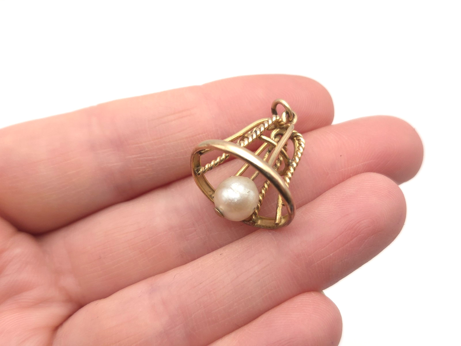Vintage 14k Solid Gold & Pearl Movable Openwork Bell Pendant or Charm 2.4grams